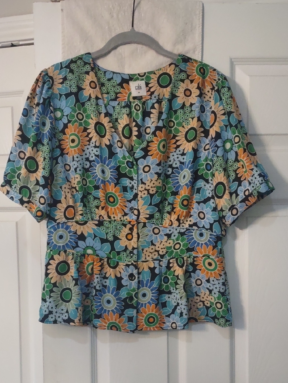 cabi Blue Multi Floral Peplum Button-Front Blouse